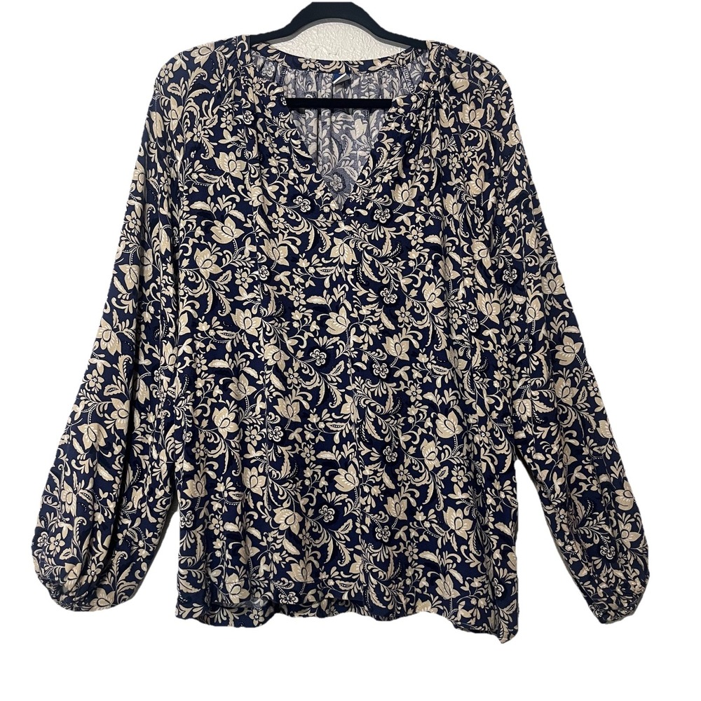 Old Navy Blouse‎ Womens Navy Blue Floral Long Sleeve Split Neck Size L Tall